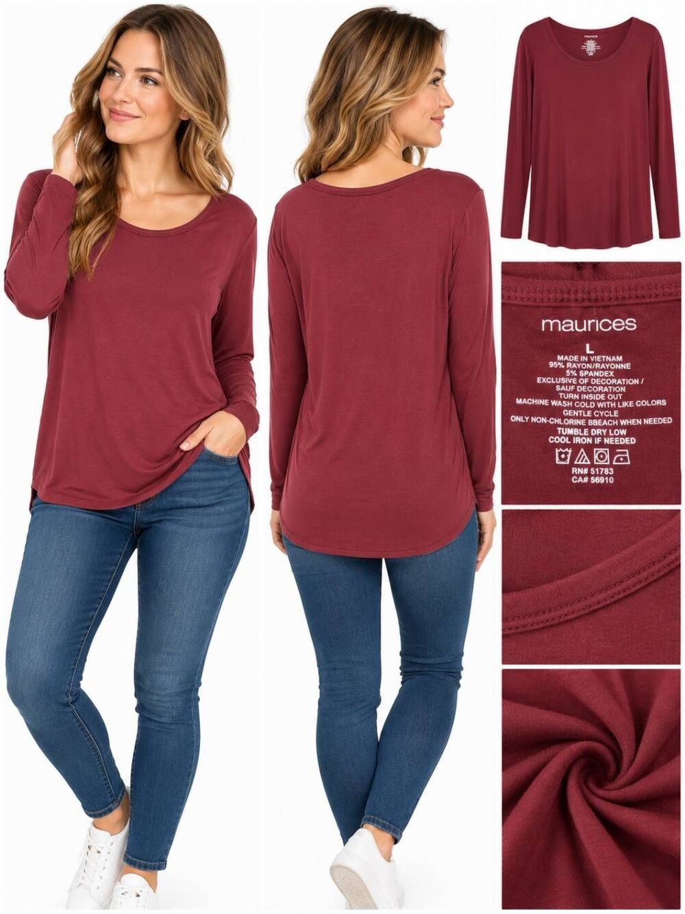 Maurices Burgundy Long Sleeve Tunic Top Women’s Size Large Stretchy Rayon Blend